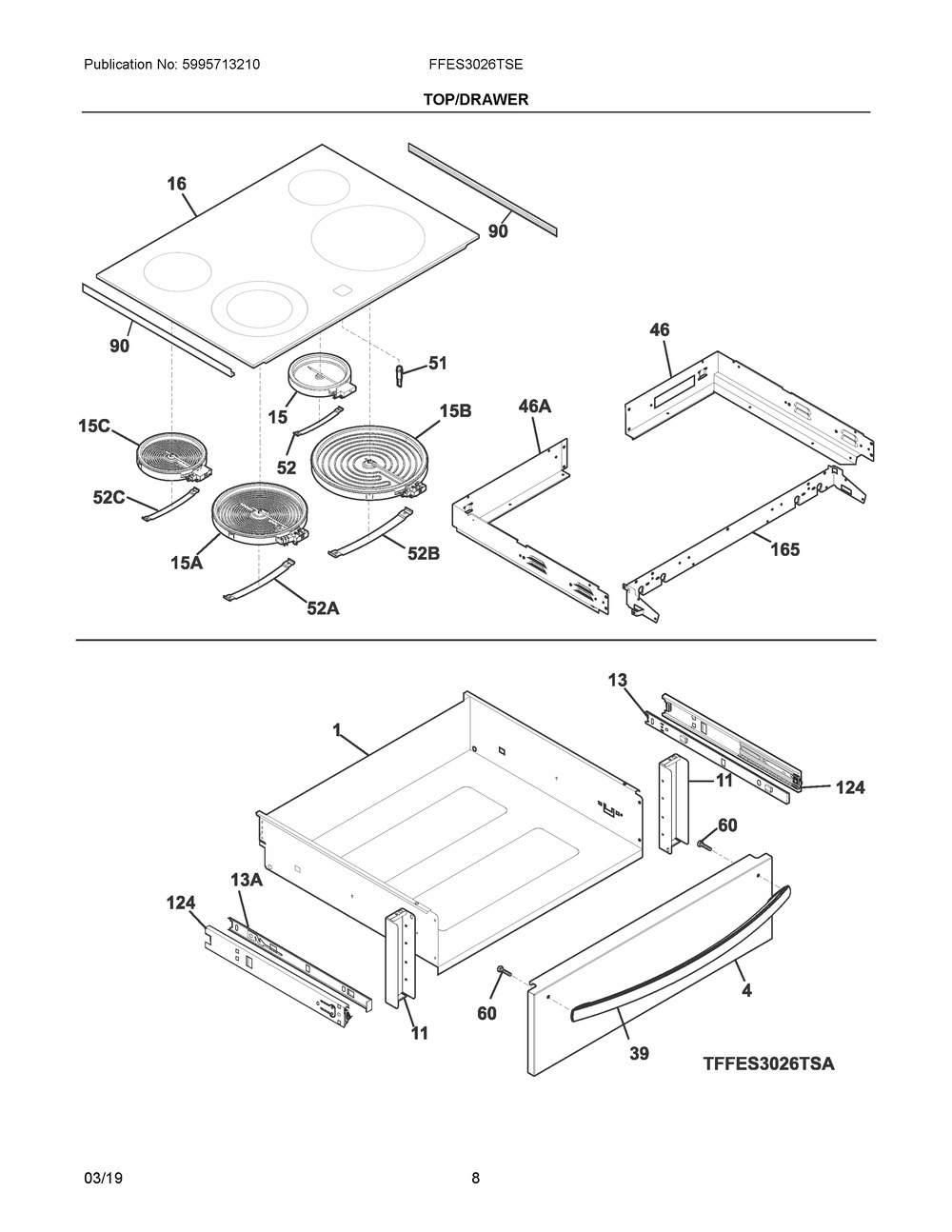 Top/drawer Diagram and Parts List for FFES3026TSE  Frigidaire Range