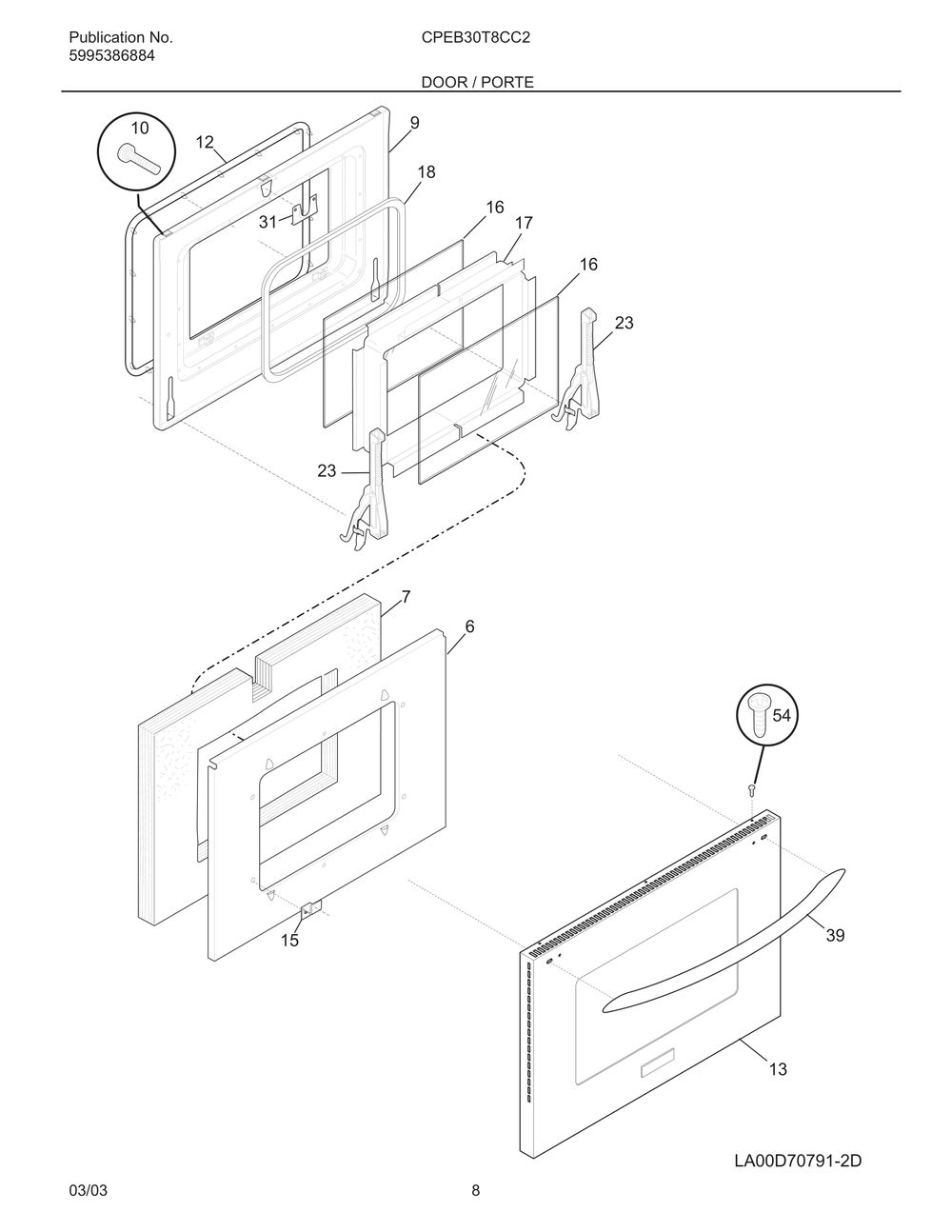 Door / Porte Diagram and Parts List for CPEB30T8CC2  Frigidaire Wall Oven