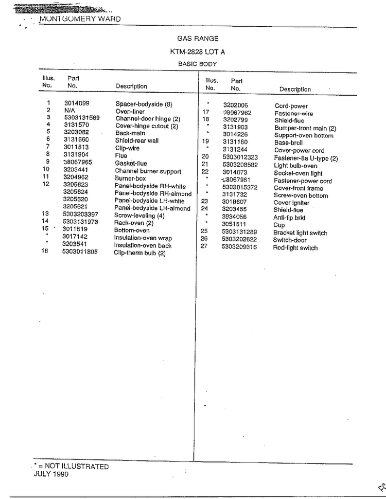 Basic Body Page 2 Diagram and Parts List for 2828A  Frigidaire Range