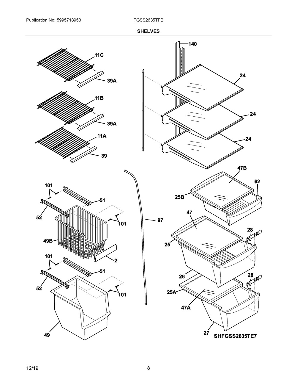 Shelves Diagram and Parts List for FGSS2635TFB  Frigidaire Refrigerator