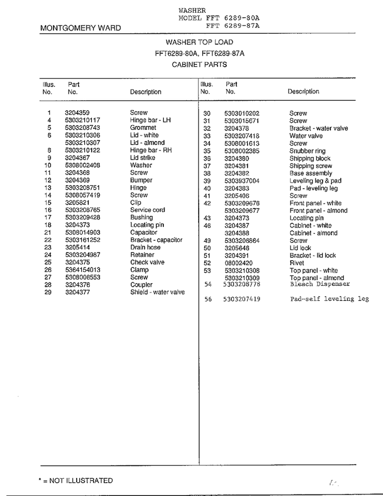 Cabinet Parts Page 2 Diagram and Parts List for 6289-87A  Frigidaire Washer