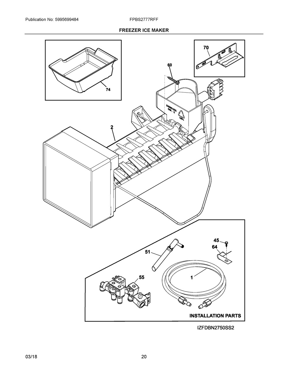 Freezer Ice Maker Diagram and Parts List for FPBS2777RFF  Frigidaire Refrigerator