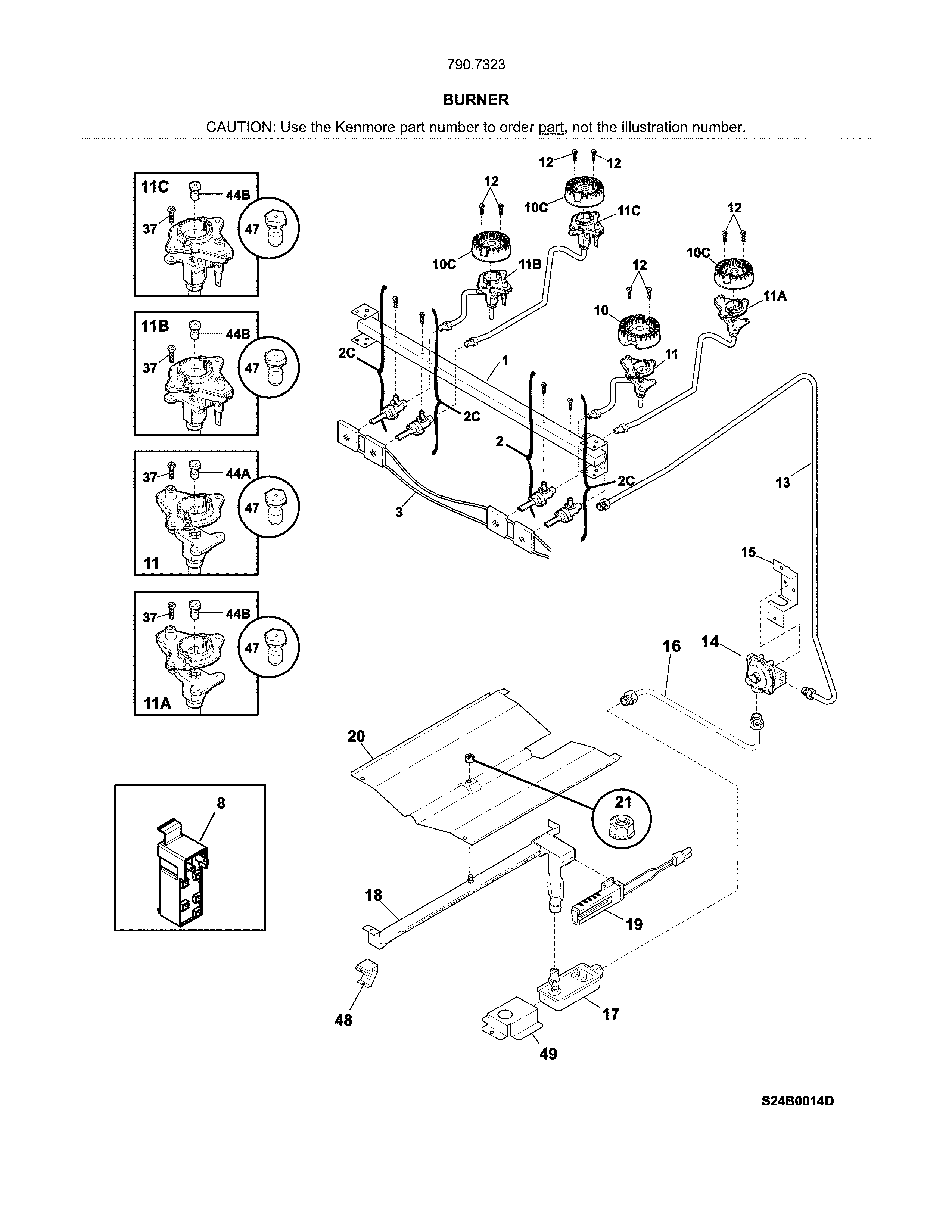 Burner Diagram and Parts List for 79073232314  Kenmore Range