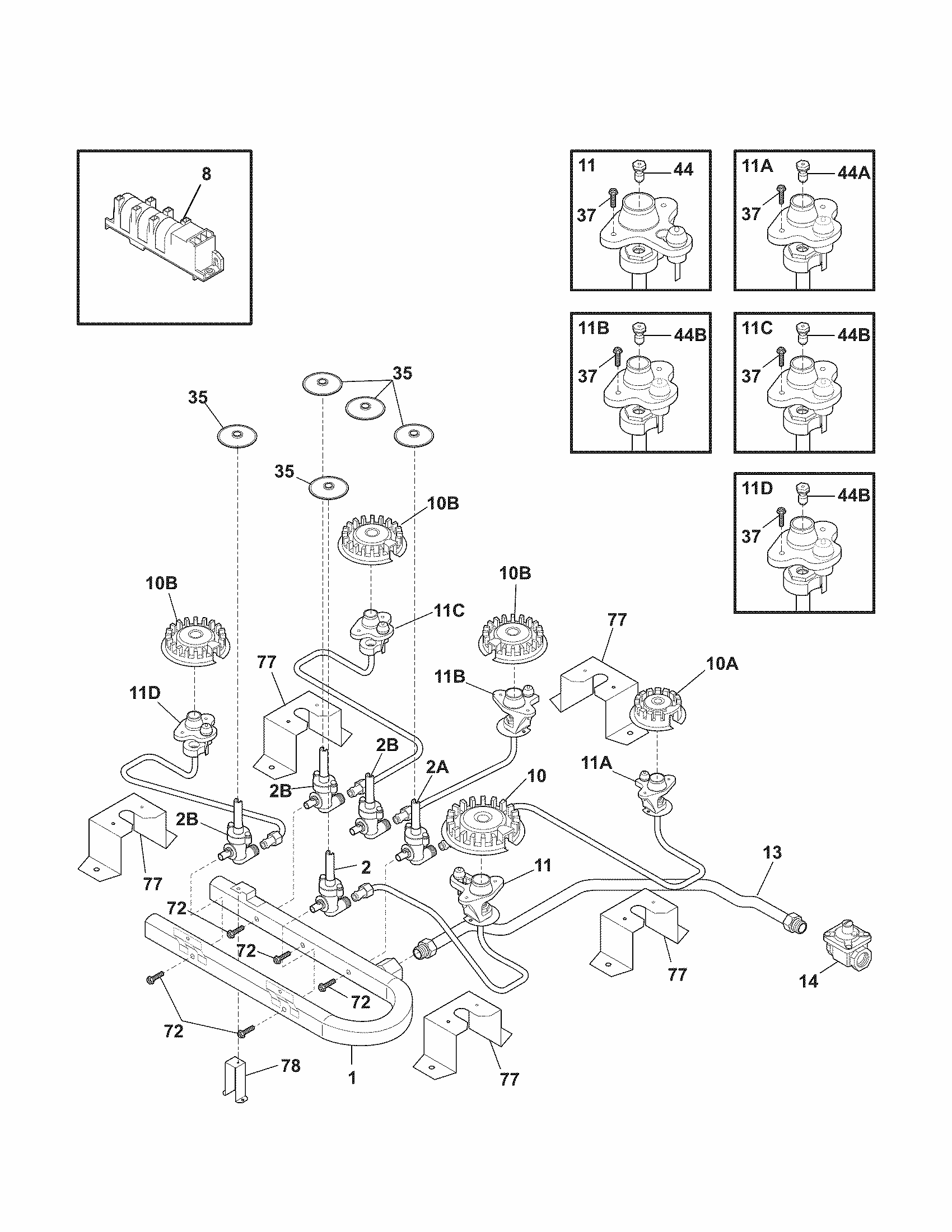 Burner Diagram and Parts List for 79032244400  Kenmore Cooktop