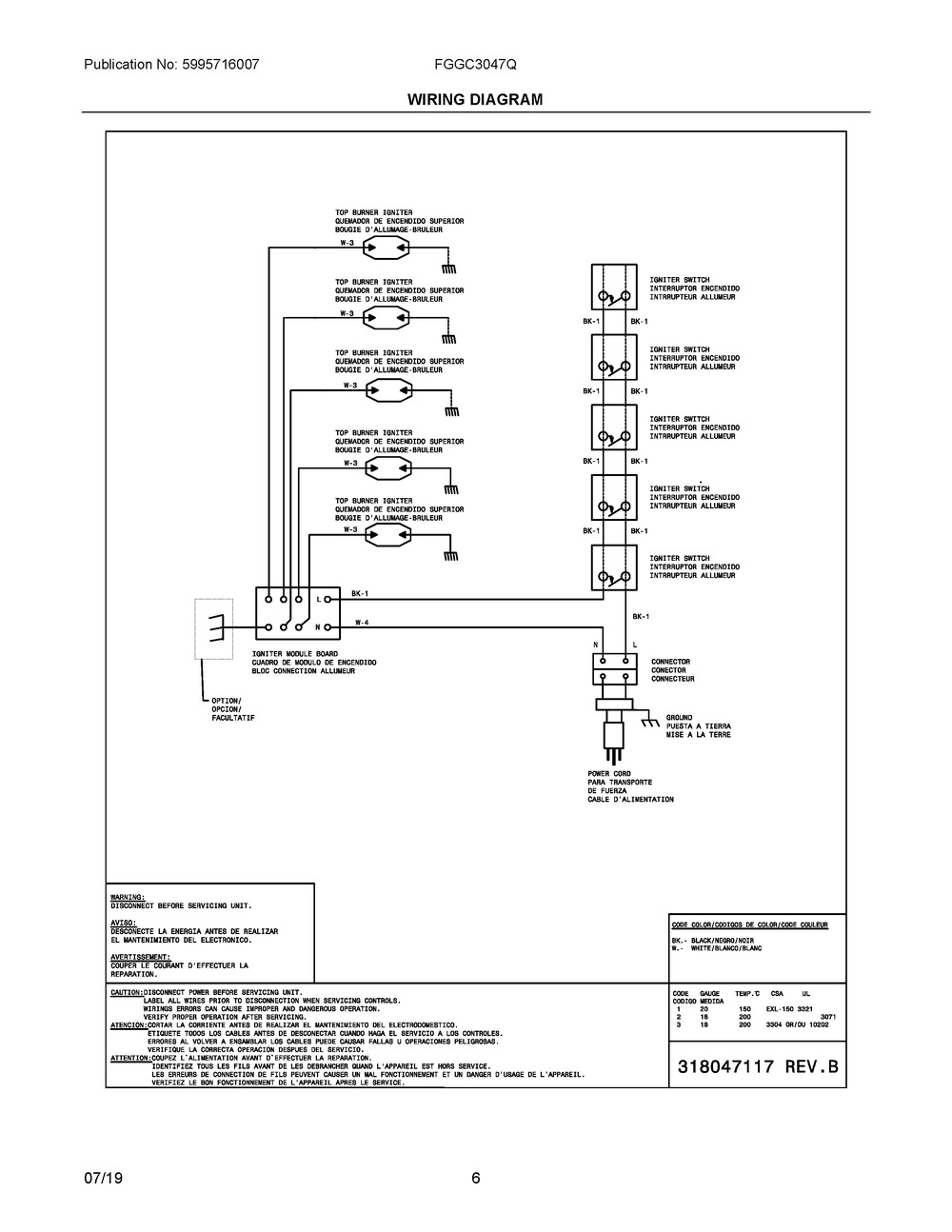 Wiring Diagram Diagram and Parts List for FGGC3047QWF  Frigidaire Cooktop