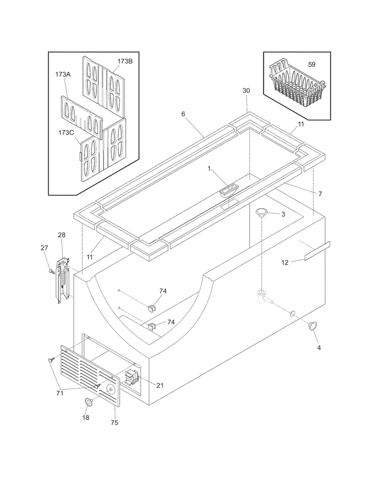 Cabinet Diagram and Parts List for KFC13M5LW4  Kelvinator Freezer
