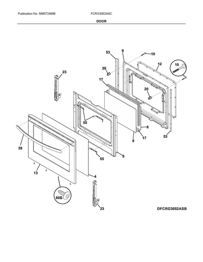 Door Diagram and Parts List for FCRG3052ASC  Frigidaire Range