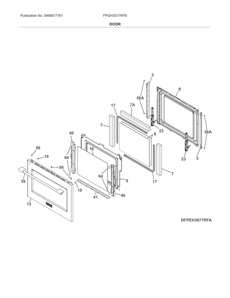 Door Diagram and Parts List for FPGH3077RFB  Frigidaire Range