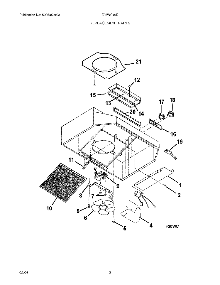 REPLACEMENT PARTS Diagram and Parts List for F36WC19EC  Frigidaire Range Hood