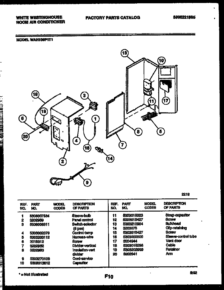 ELECTRICAL PARTS Diagram and Parts List for WAH106P1T1  Frigidaire Air Conditioner