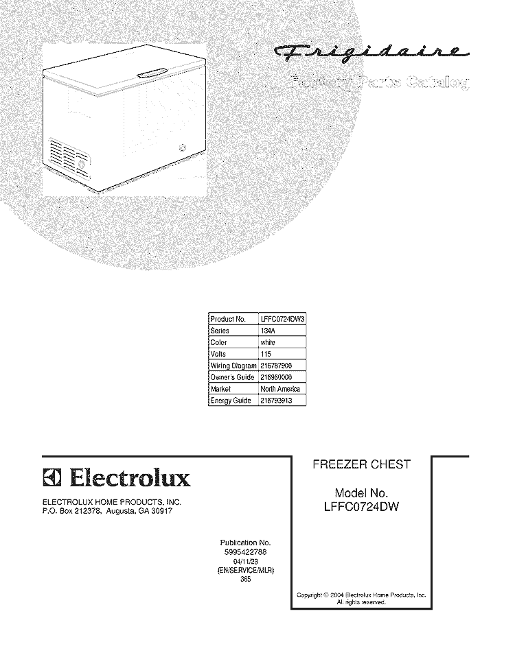 COVER Diagram and Parts List for LFFC0724DW3  Frigidaire Freezer