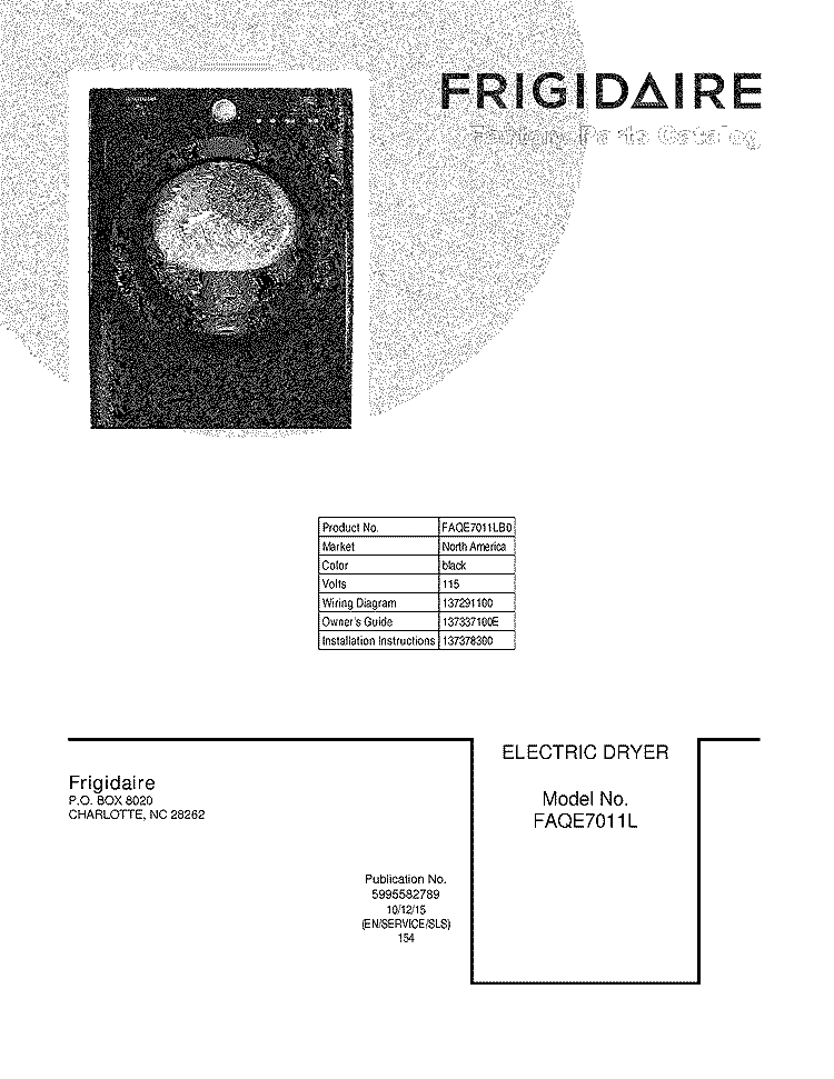 COVER Diagram and Parts List for FAQE7011LB0  Frigidaire Dryer