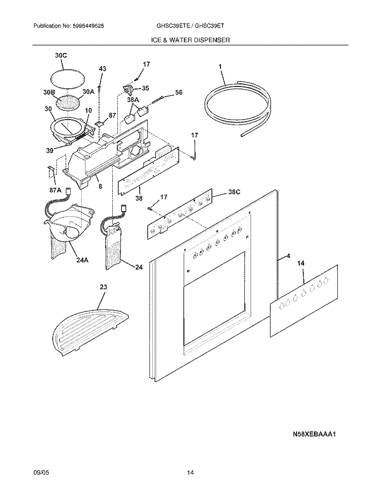 ICE & WATER DISPENSER Diagram and Parts List for GHSC39ETEW3  Frigidaire Refrigerator