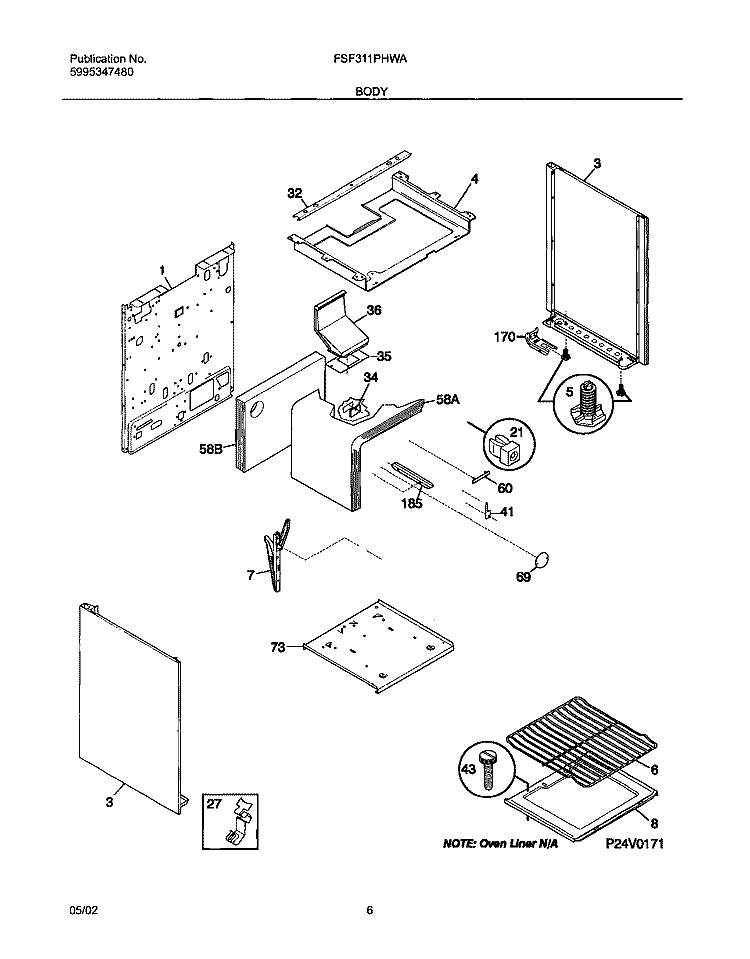 BODY Diagram and Parts List for FSF311PHWA  Frigidaire Range