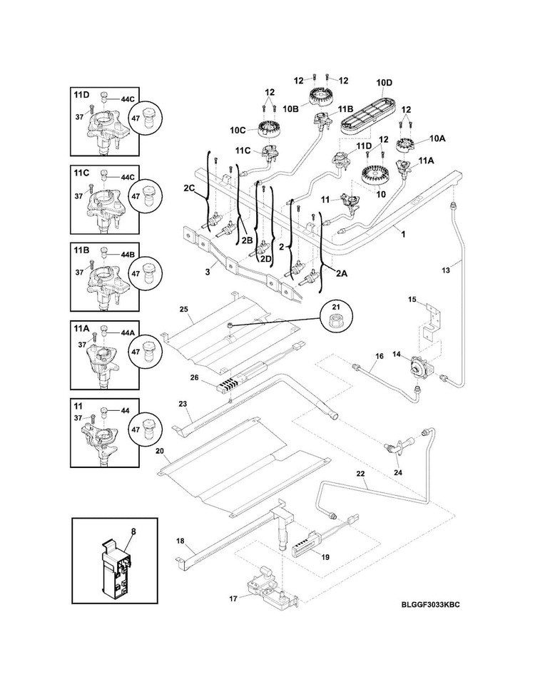 Burner Diagram and Parts List for LGGF3043KFS  Frigidaire Range