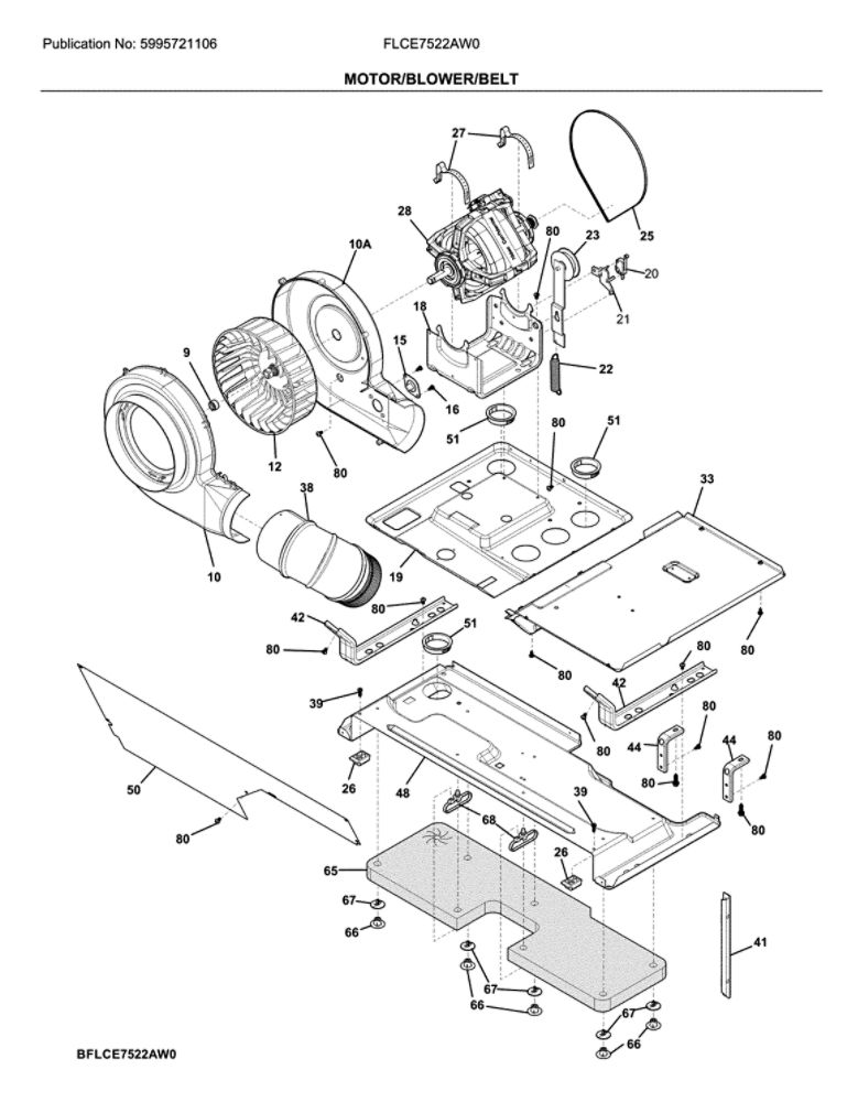 Motor/Blower/Belt Diagram and Parts List for FLCE7522AW0  Frigidaire Washer Dryer Combo