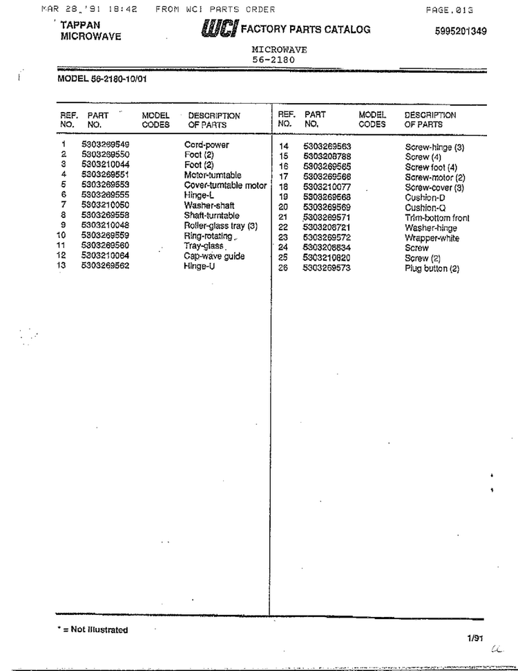 Tappan Microwave Page 2 Diagram and Parts List for 56-2180  Frigidaire Microwave