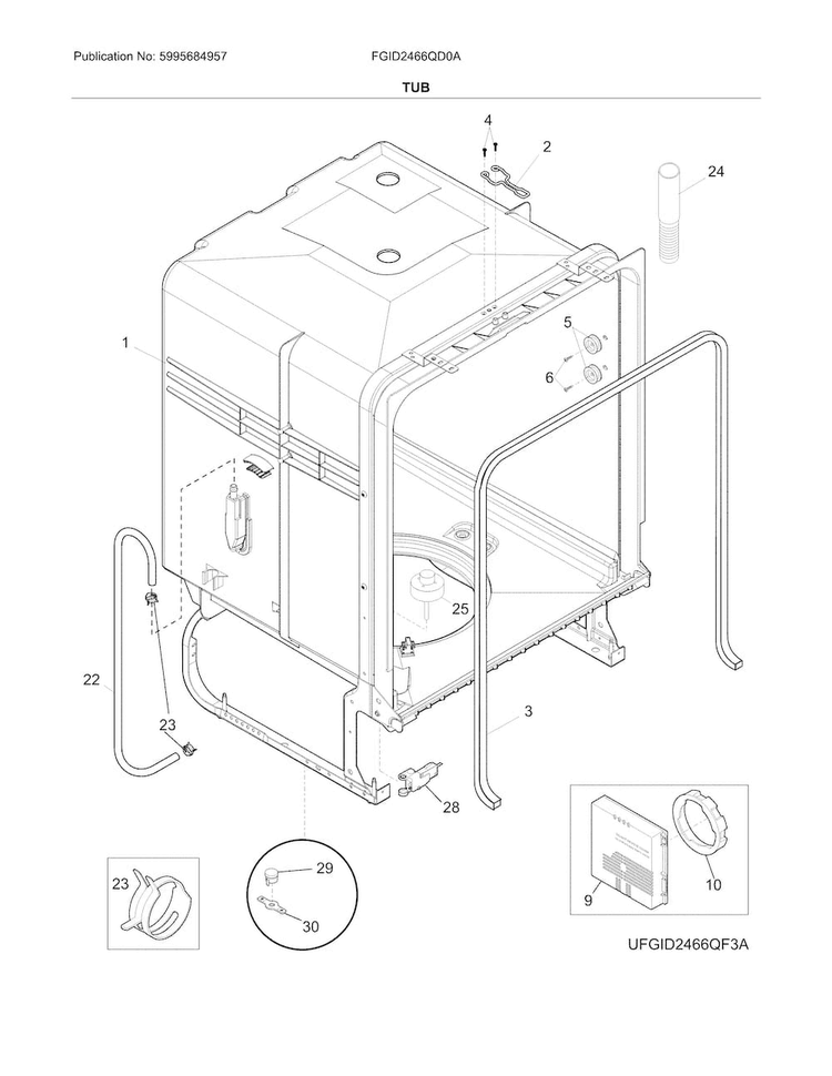 Tub Diagram and Parts List for FGID2466QD0A  Frigidaire Dishwasher