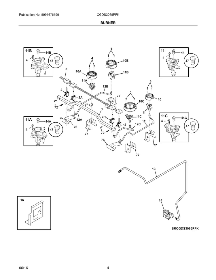 Burner Diagram and Parts List for CGDS3065PFK  Frigidaire Range