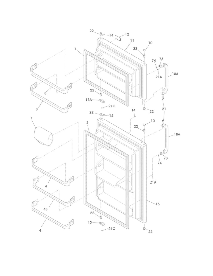Doors Diagram and Parts List for FRT18G2NW3  Frigidaire Refrigerator