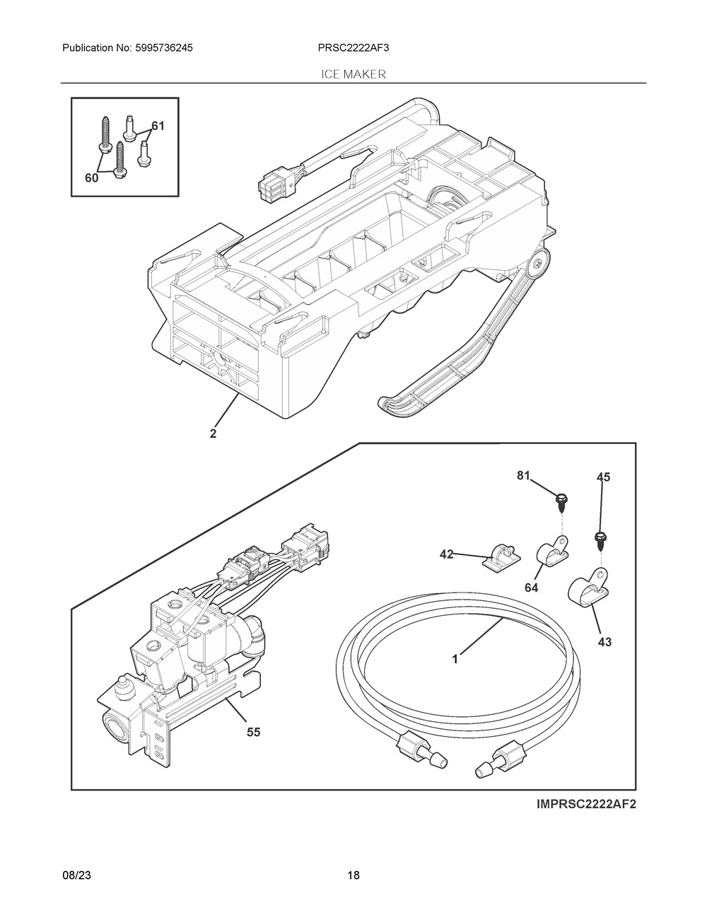Ice Maker Diagram and Parts List for PRSC2222AF3  Frigidaire Refrigerator