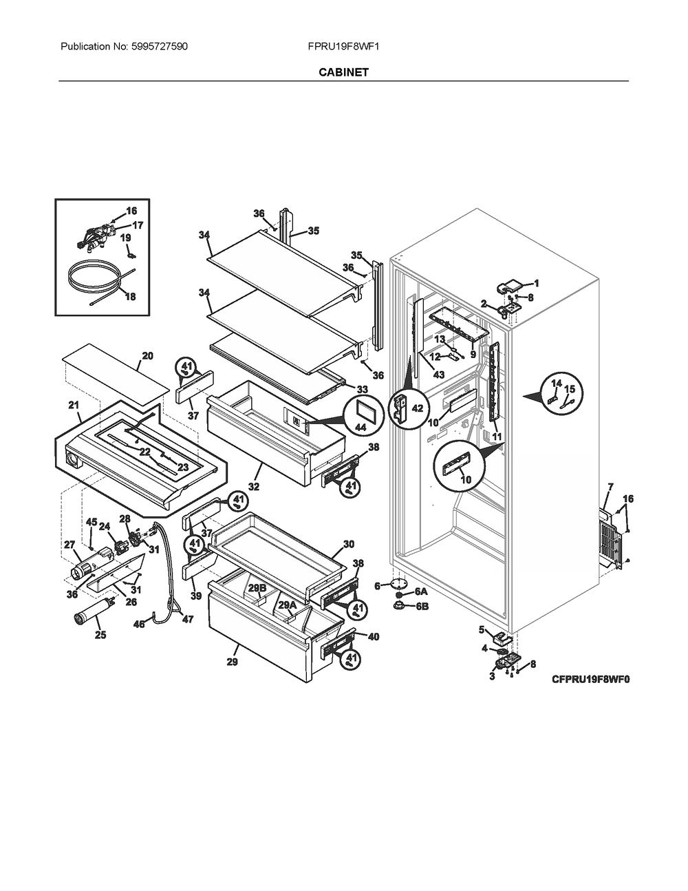 Cabinet Diagram and Parts List for FPRU19F8WF1  Electrolux Refrigerator