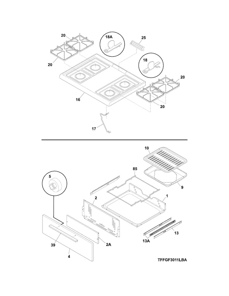 Top/drawer Diagram and Parts List for FFGF3011LWD  Frigidaire Range