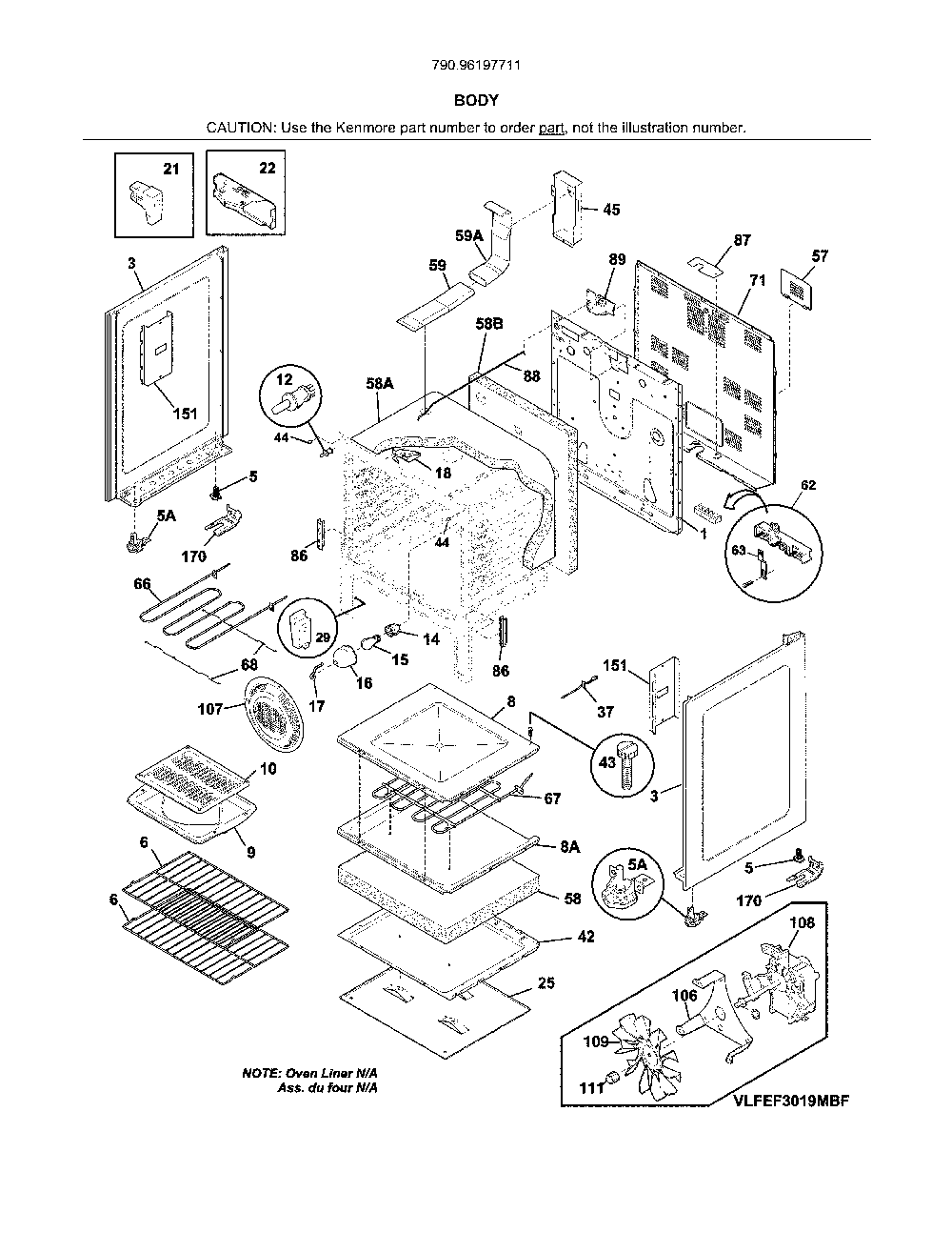 Body Diagram and Parts List for 79096197711  Kenmore Range