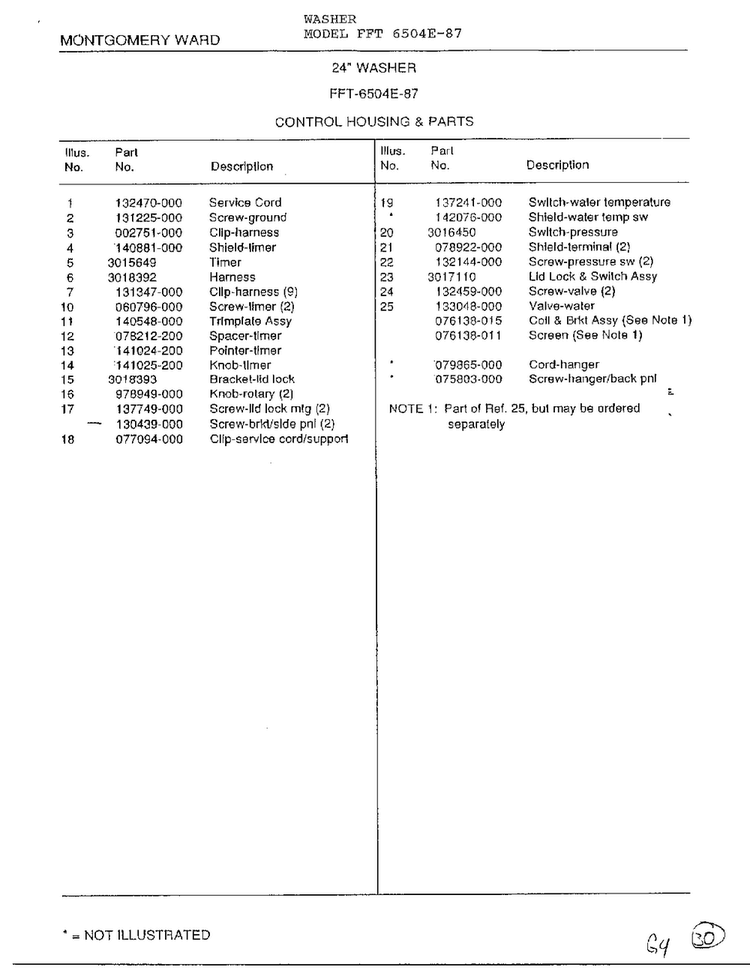Control Housing Page 2 Diagram and Parts List for 6504E-87  Frigidaire Washer