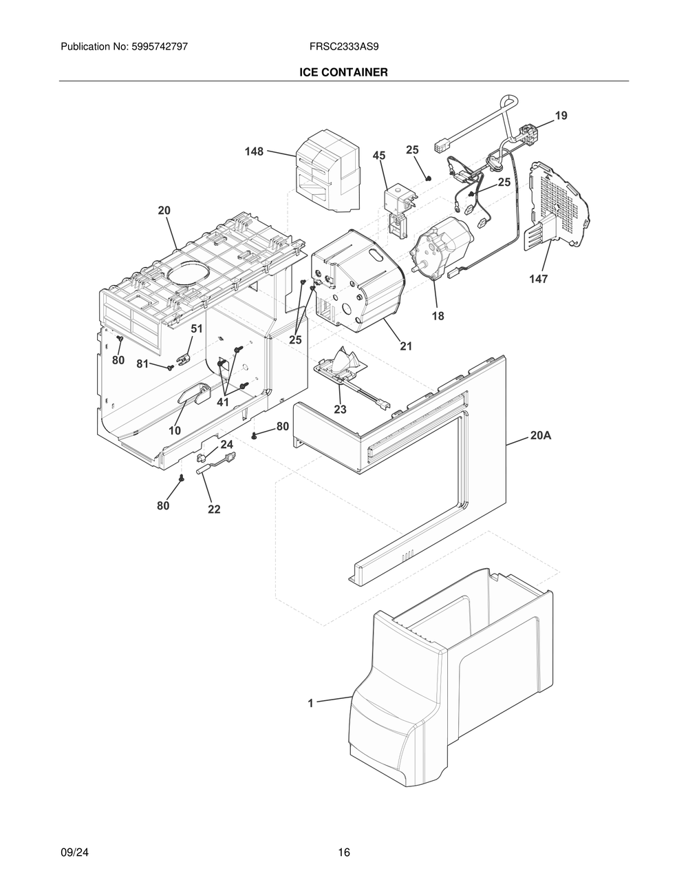 Ice Container Diagram and Parts List for FRSC2333AS9  Frigidaire Refrigerator