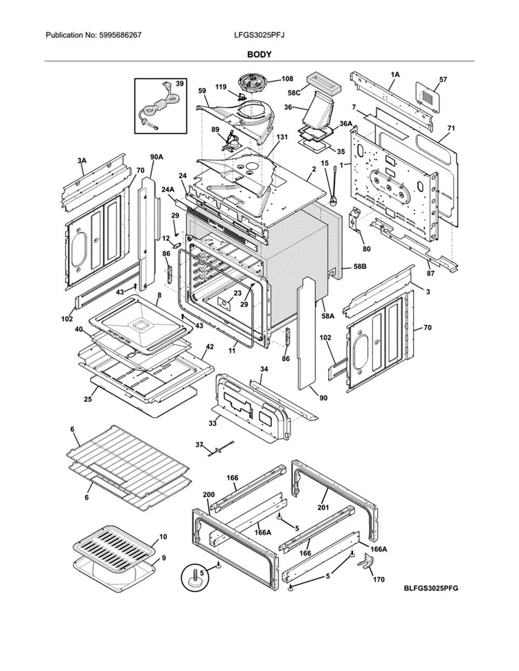 Body Diagram and Parts List for LFGS3025PFJ  Frigidaire Range