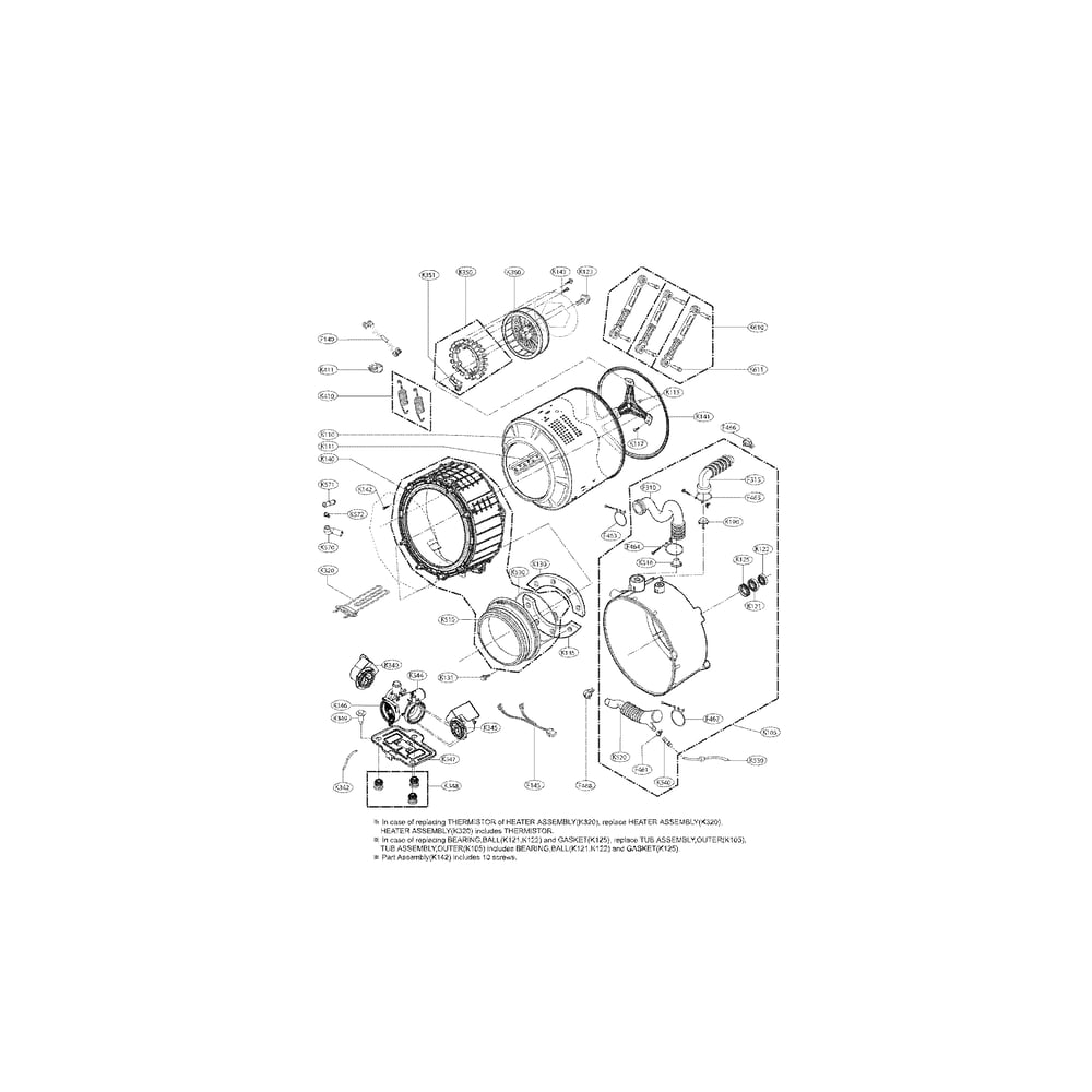 Drum And Tub Assembly Parts Diagram and Parts List for 79641473210  Kenmore Washer