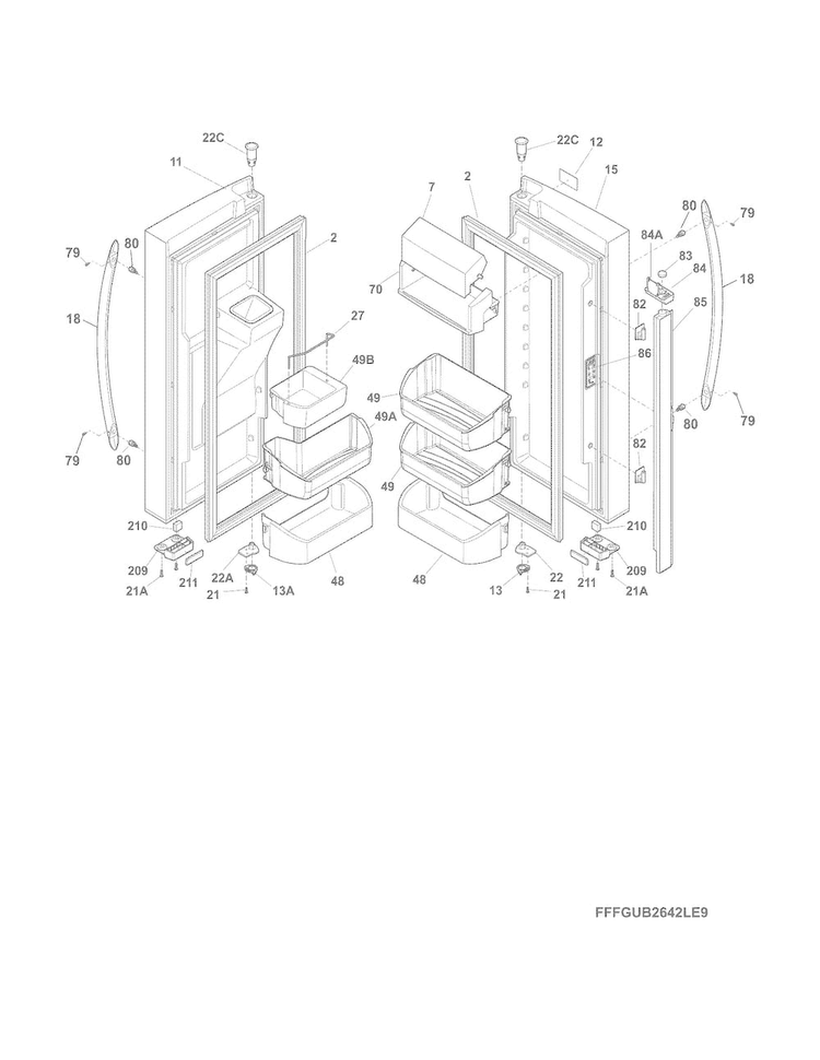Fresh Food Doors Diagram and Parts List for FGHB2735NF2  Frigidaire Refrigerator