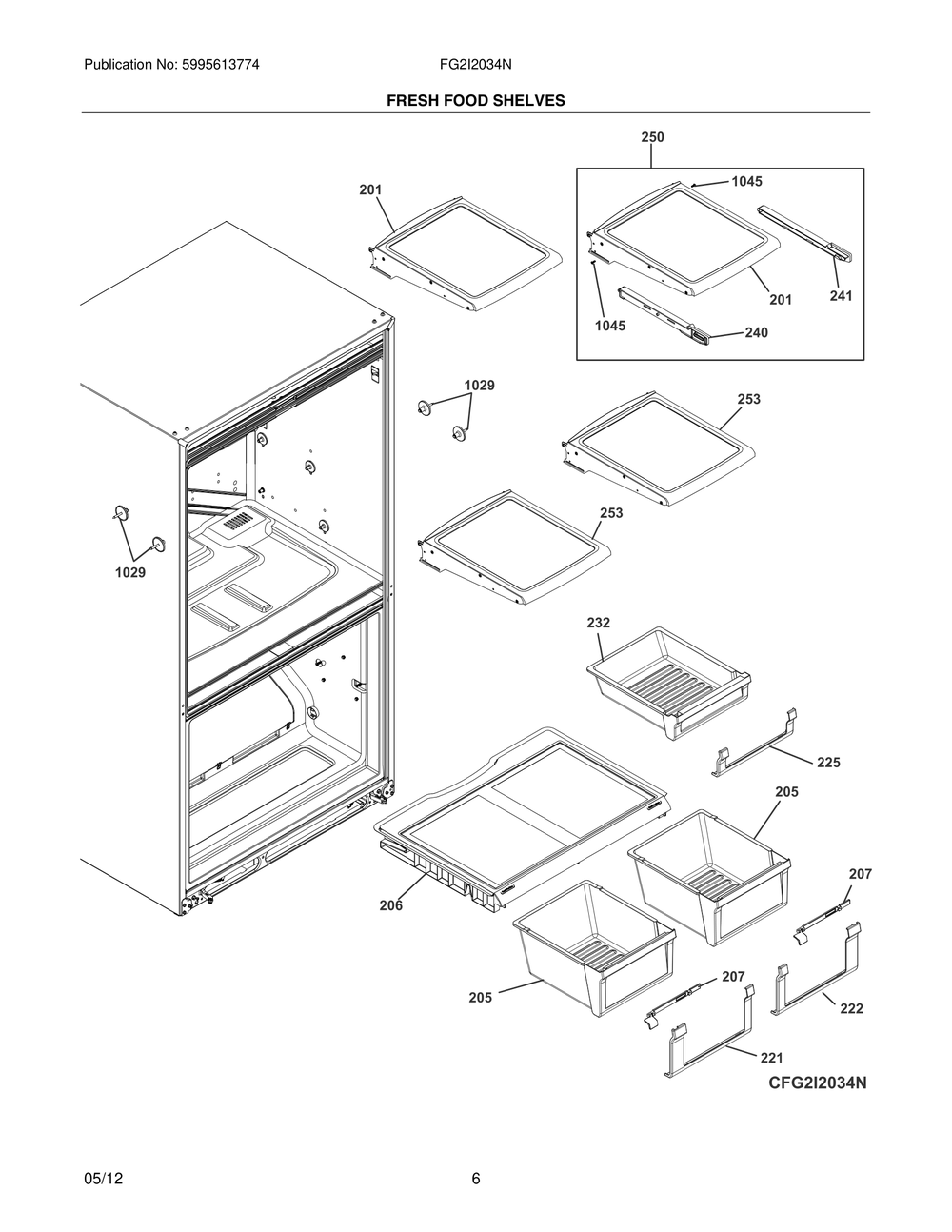 Fresh Food Shelves Diagram and Parts List for FG2I2034NR  Frigidaire Refrigerator