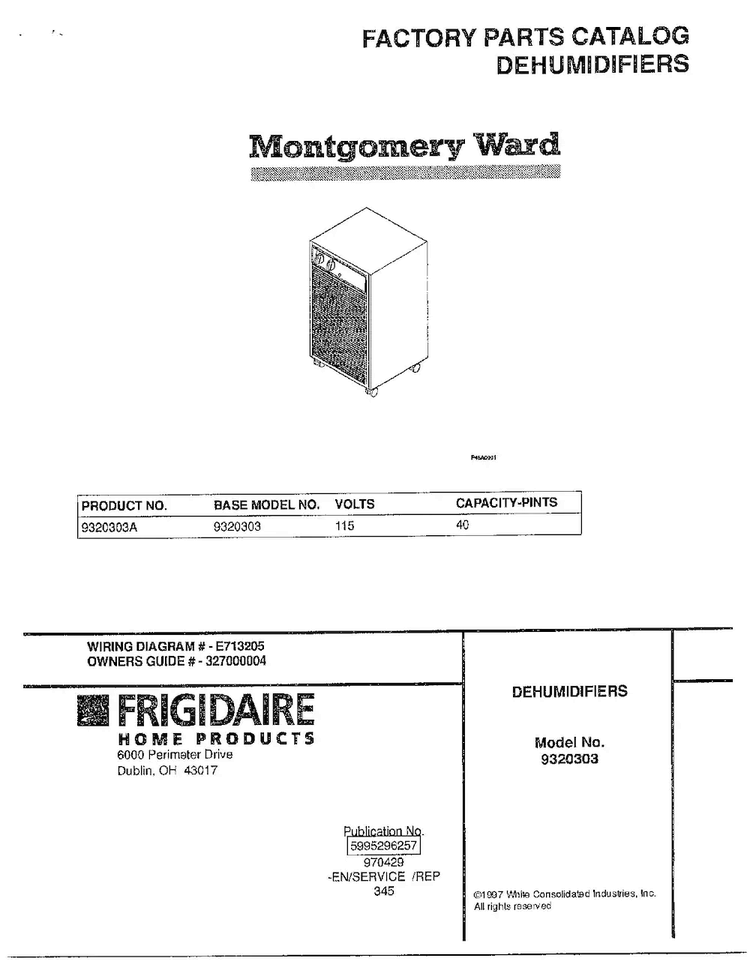 Dehumidifier Diagram and Parts List for 9320303A  Frigidaire Dehumidifier