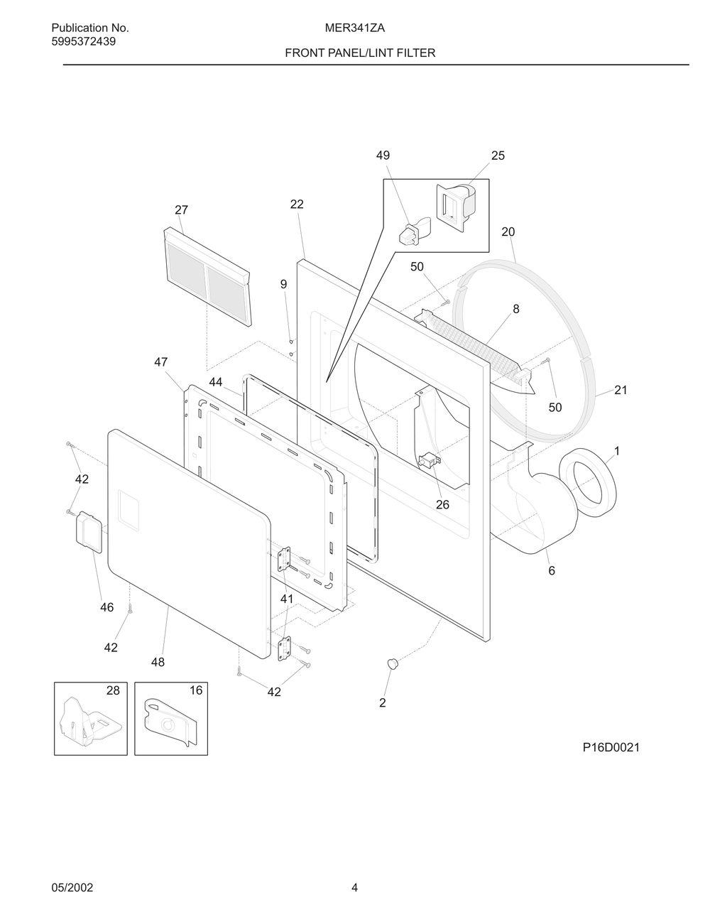 Front Panel/Lint Filter Diagram and Parts List for MER341ZAQ1  Frigidaire Dryer