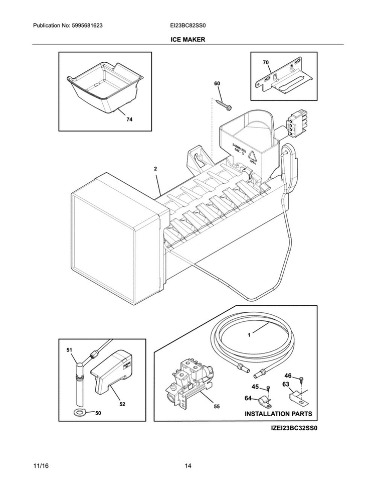 Ice Maker Diagram and Parts List for EI23BC82SS0  Electrolux Refrigerator