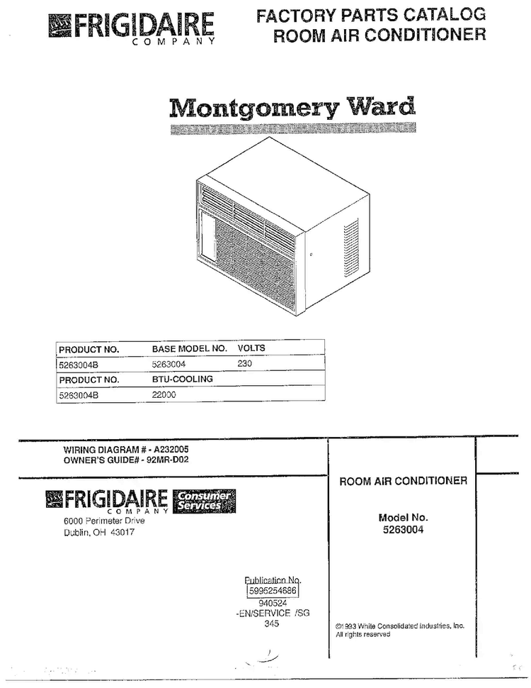 Air Conditioner Front Cover Diagram and Parts List for 5263004B  Frigidaire Air Conditioner