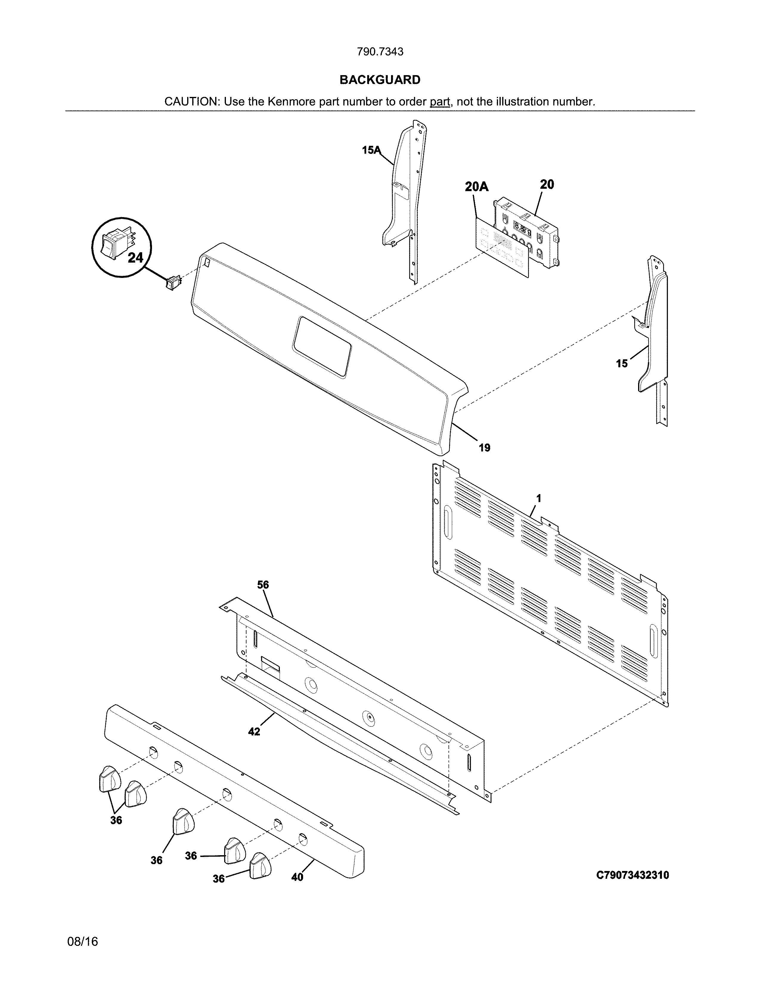Backguard Diagram and Parts List for 79073432313  Kenmore Range