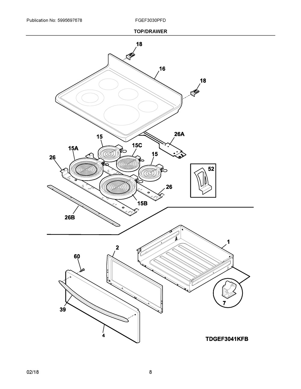 Top/drawer Diagram and Parts List for FGEF3030PFD  Frigidaire Range