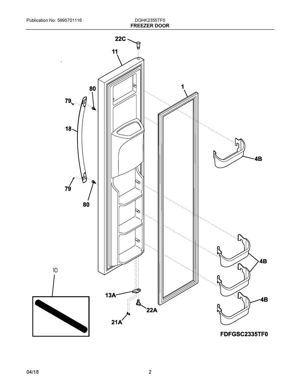 Freezer Door Diagram and Parts List for DGHK2355TF0  Frigidaire Refrigerator