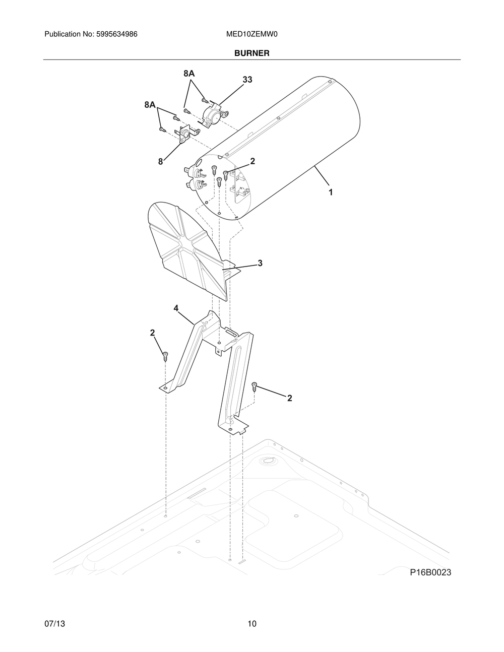 Burner Diagram and Parts List for MED10ZEMW0  Frigidaire Dryer
