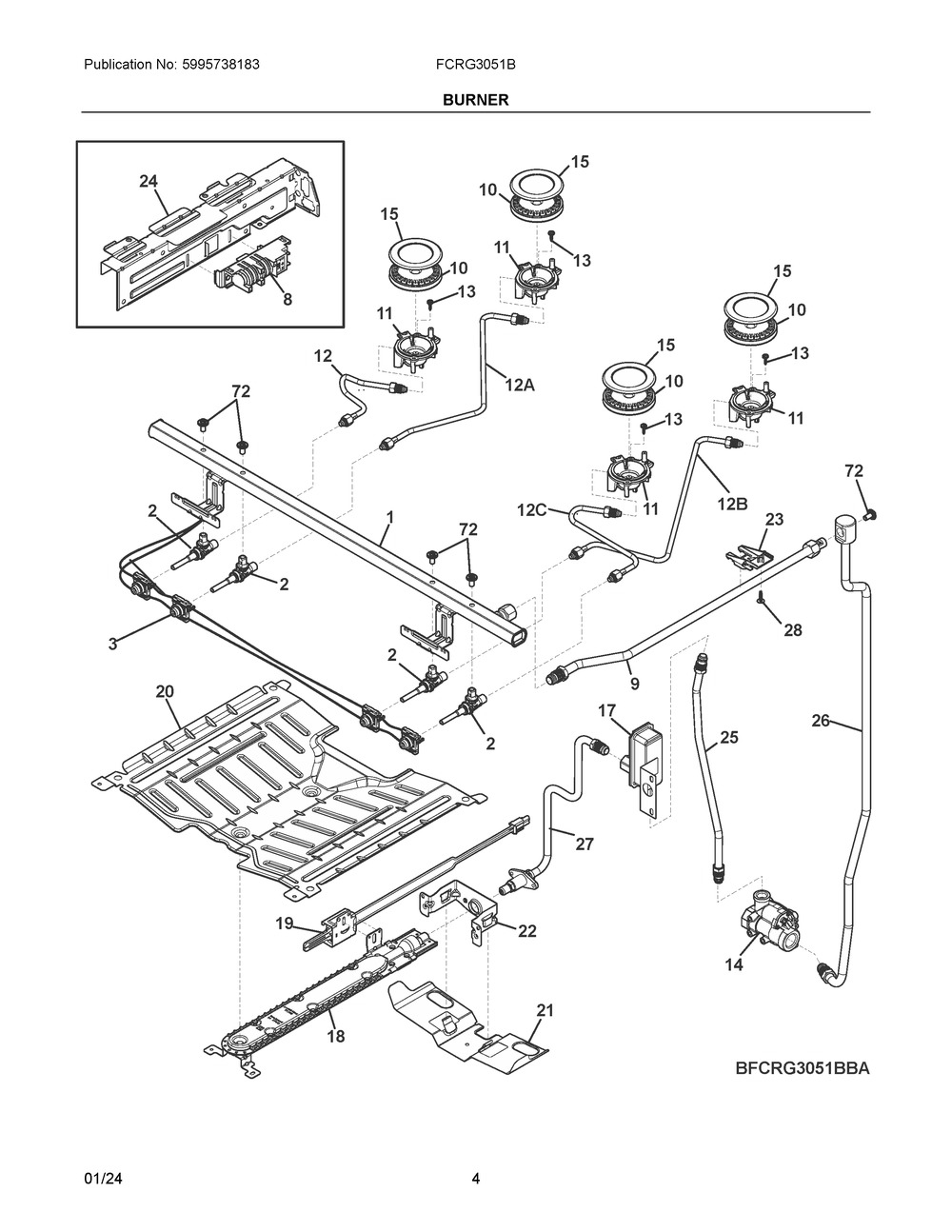 Burner Diagram and Parts List for FCRG3051BSA  Frigidaire Range