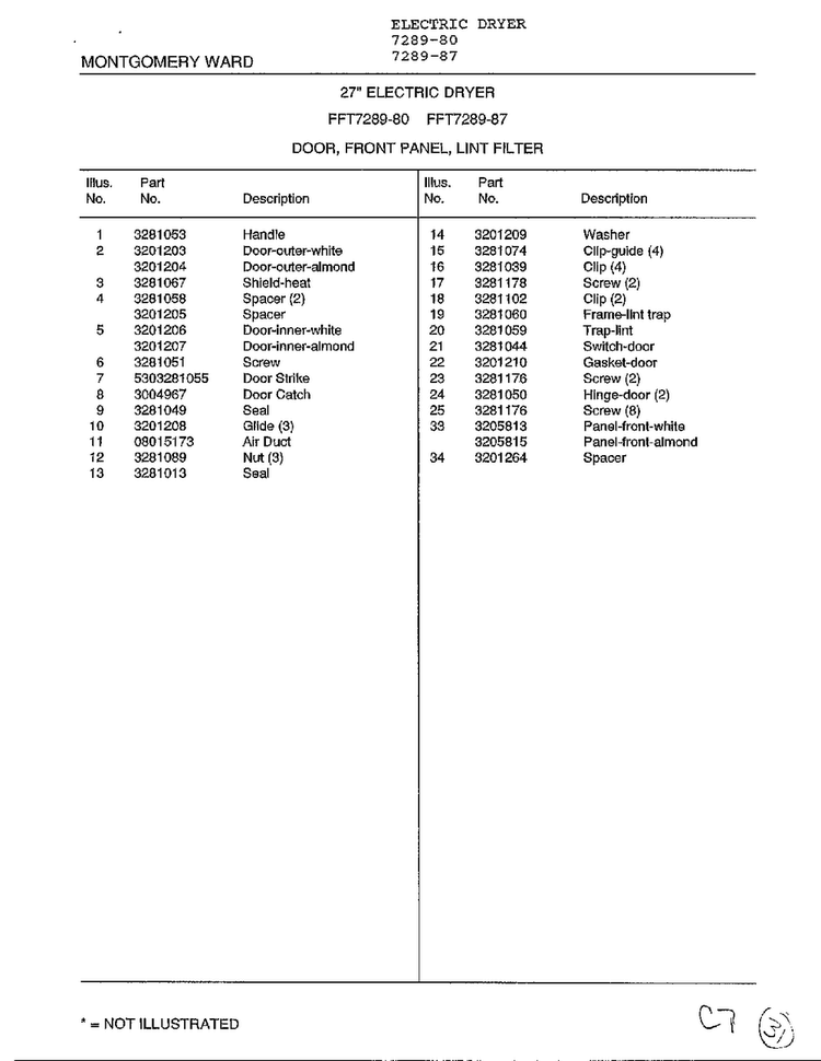 Door, Front Panel, Lint Filter Page 2 Diagram and Parts List for 7289-80  Frigidaire Dryer