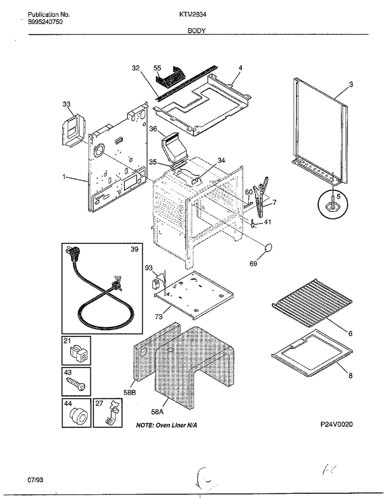 Body Diagram and Parts List for 2834-80A  Frigidaire Range