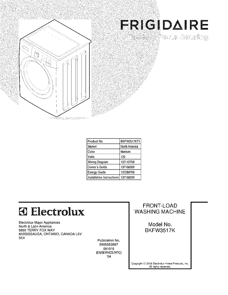COVER Diagram and Parts List for BKFW3517KT1  Frigidaire Washer
