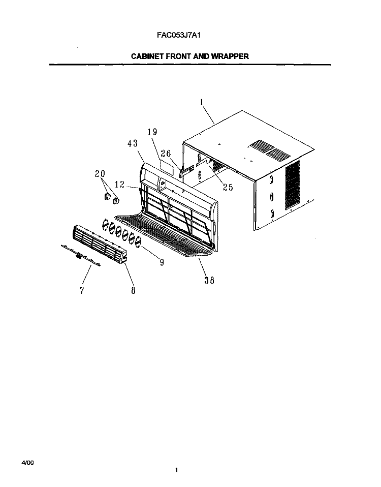 CABINET FRONT AND WRAPPER Diagram and Parts List for FAC053J7A1  Frigidaire Air Conditioner