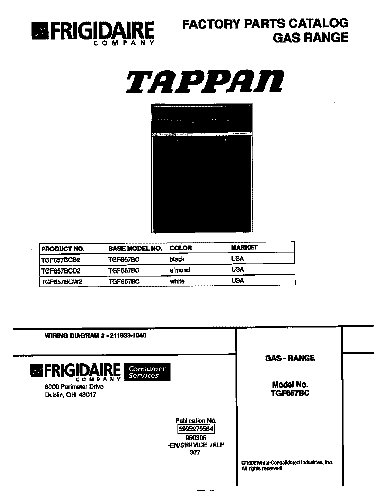 COVER Diagram and Parts List for TGF657BCD2  Tappan Range
