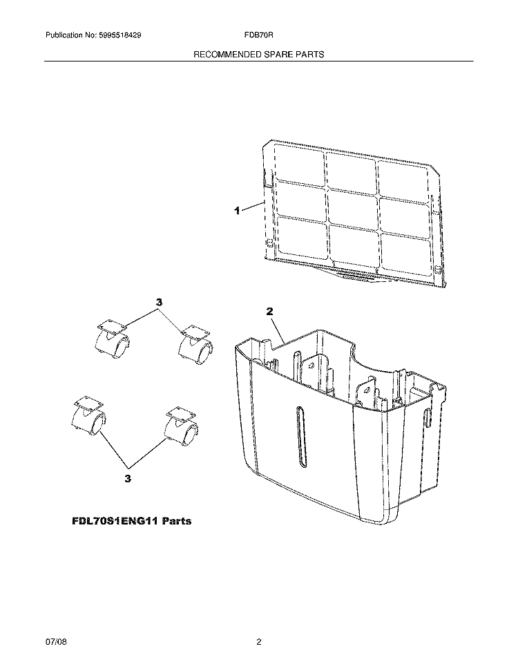 RECOMMENDED SPARE PARTS Diagram and Parts List for FDB70R1ENG11  Frigidaire Dehumidifier