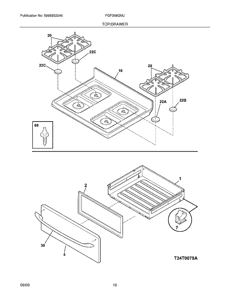 TOP/DRAWER Diagram and Parts List for FGF368GMJ  Frigidaire Range